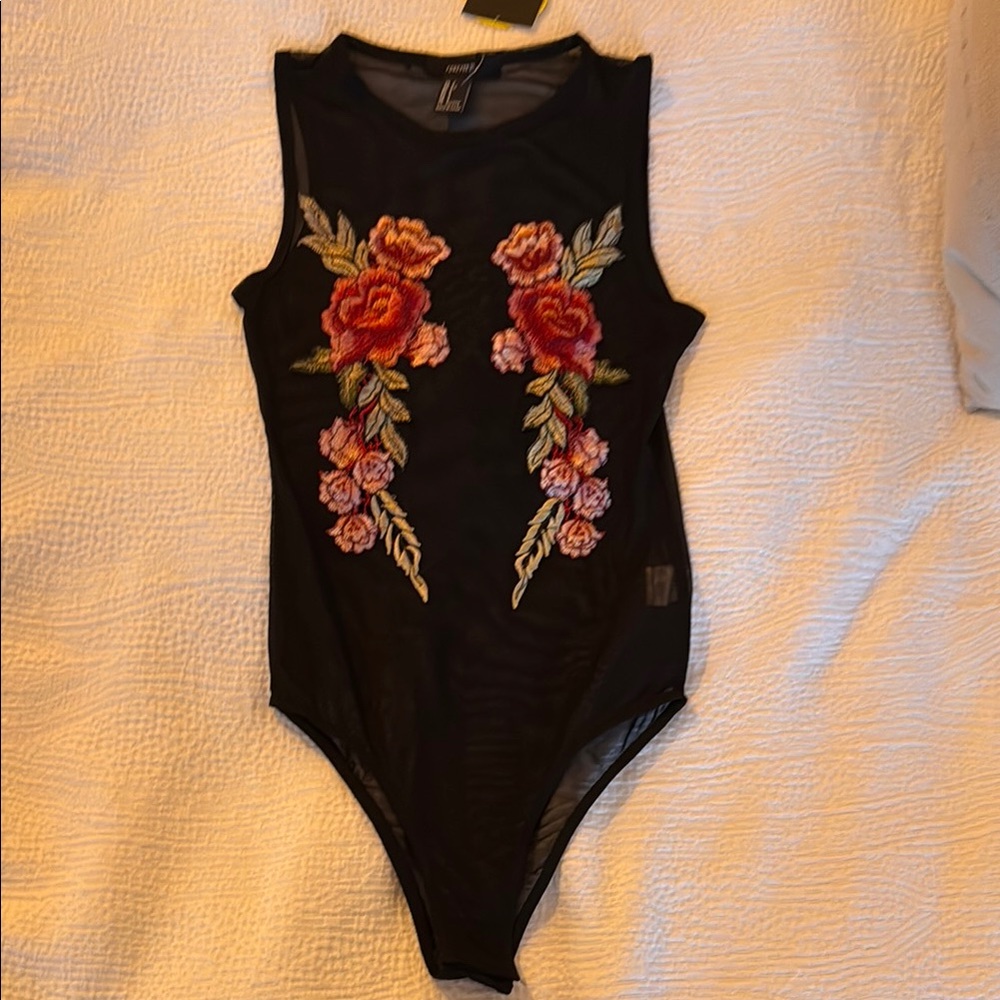 NWT Floral Embroidered Black Mesh Bodysuit - Forever 21, Size Small